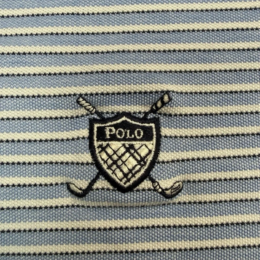 Vintage Ralph Lauren Polo Shirt Mens Medium Striped Golf Rugby Preppy Blue